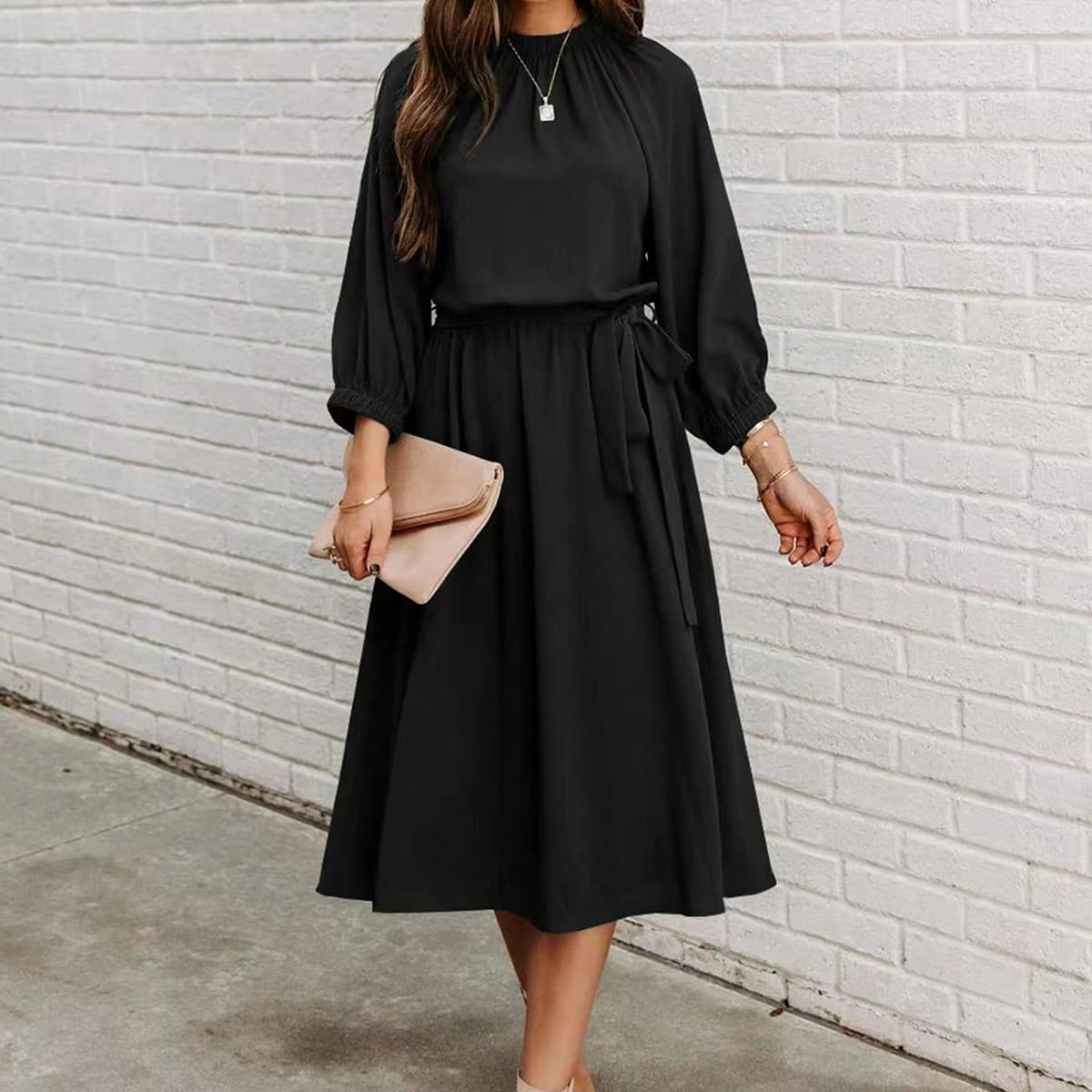 Robe De Couleur Unie Ã€ Manches Lanterne Et Serrant La Taille Pour Femmes, Printemps/Ã©tÃ©