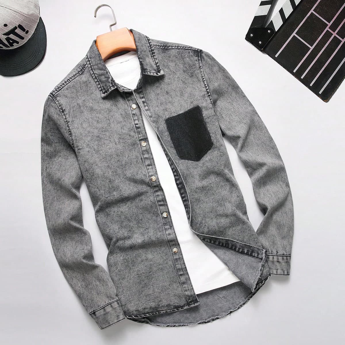 Chemise en jean dÃ©contractÃ©e et de voyage contrastÃ©e Ã manches longues pour hommes, printemps et Ã©tÃ©