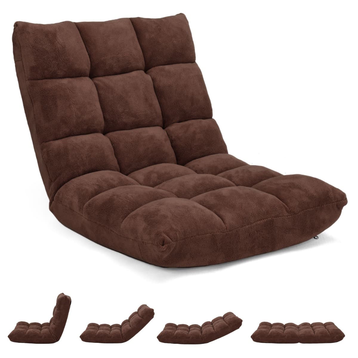CostwayCanapé-lit Pliable Chaise de Méditation avec 14 Positions Réglables en Métal et Éponge, 56x67x56cm, Café