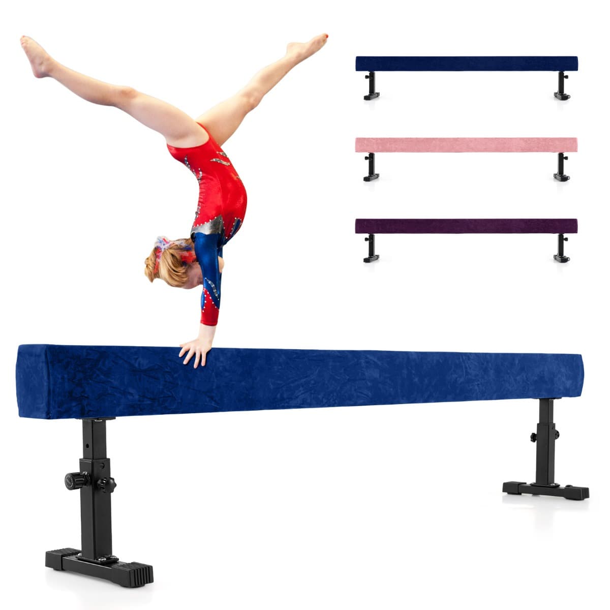 CostwayPoutre d'Équilibre Réglable de 226cm Poutre de Gymnastique Haute et Basse avec 3 Hauteurs Bleu