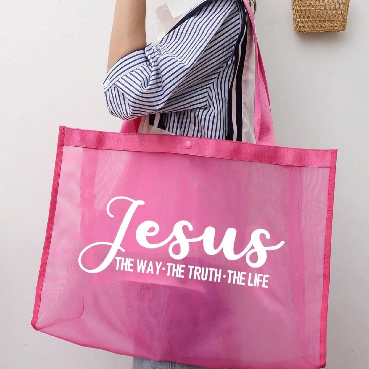 1 sac fourre-tout en filet imprimé chrétien <<Foi sur la peur» , sac fourre-tout en filet pour exprimer vos croyances, cadeau, grande capacité