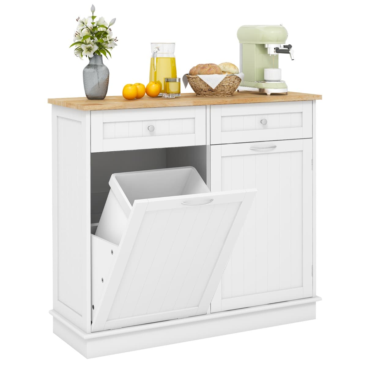 Buffet de Cuisine avec Plateau en Caoutchouc 2 Tiroirs Étagère Réglable et Placard pour Accueillir P